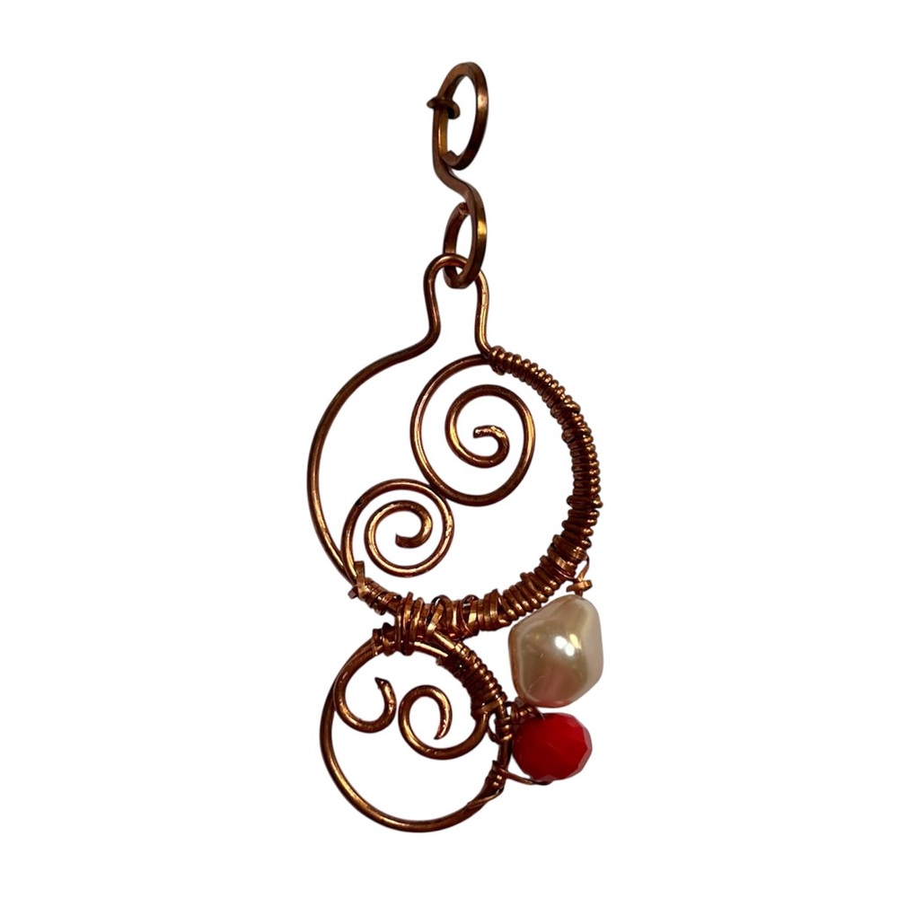 Hand Crafted Swirl Wire Pendant with Faux Pearl and Red Crystal